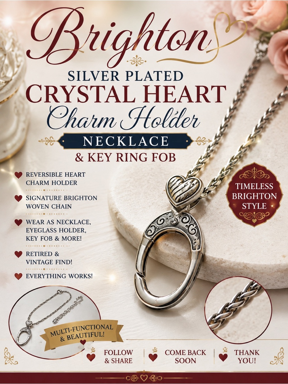 Brighton Silver-Plated Reversible Heart Charm Holder Necklace & Key Ring Fob